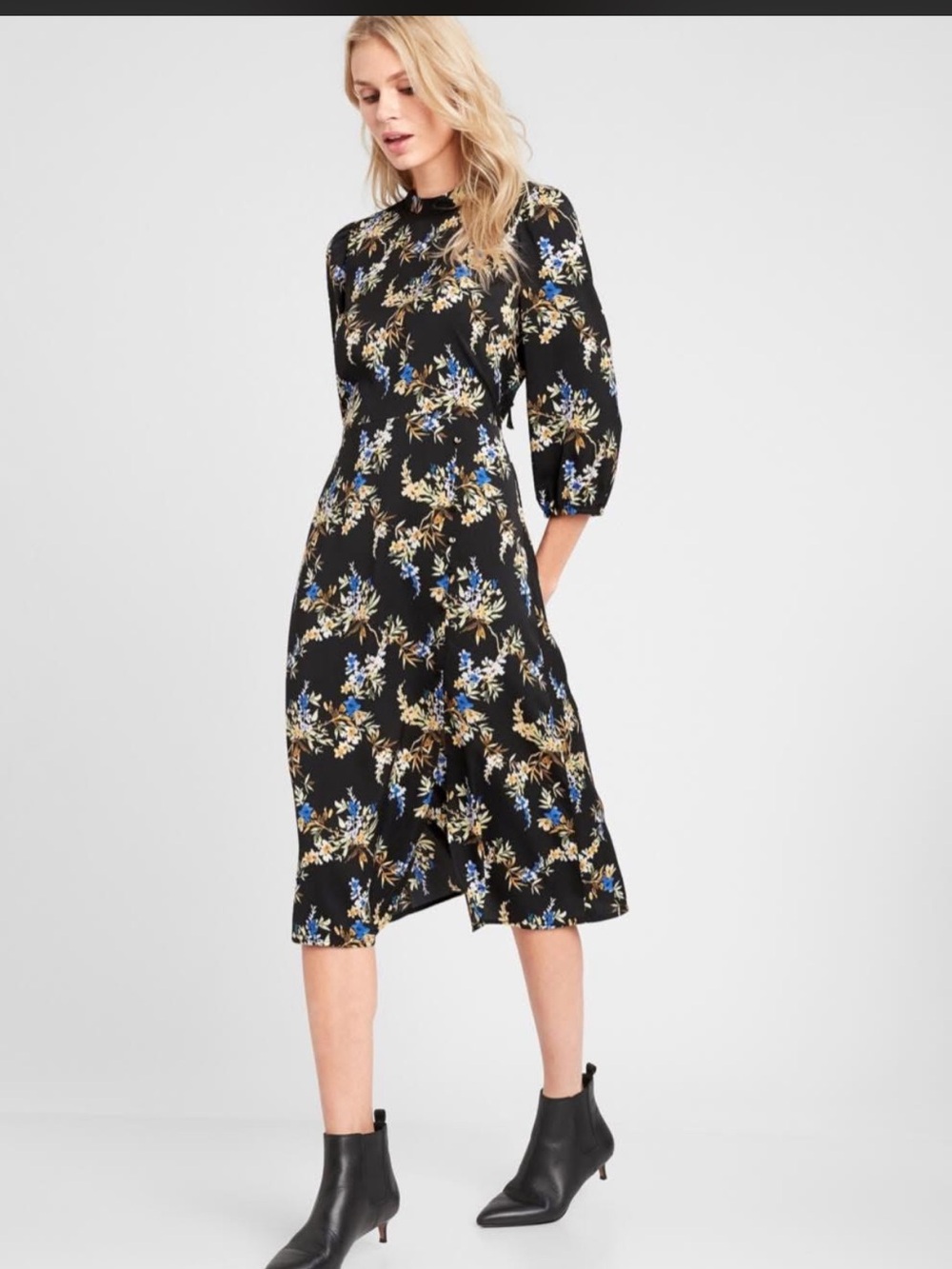 Banana Republic Black Floral Midi Dress with button details and ties size large